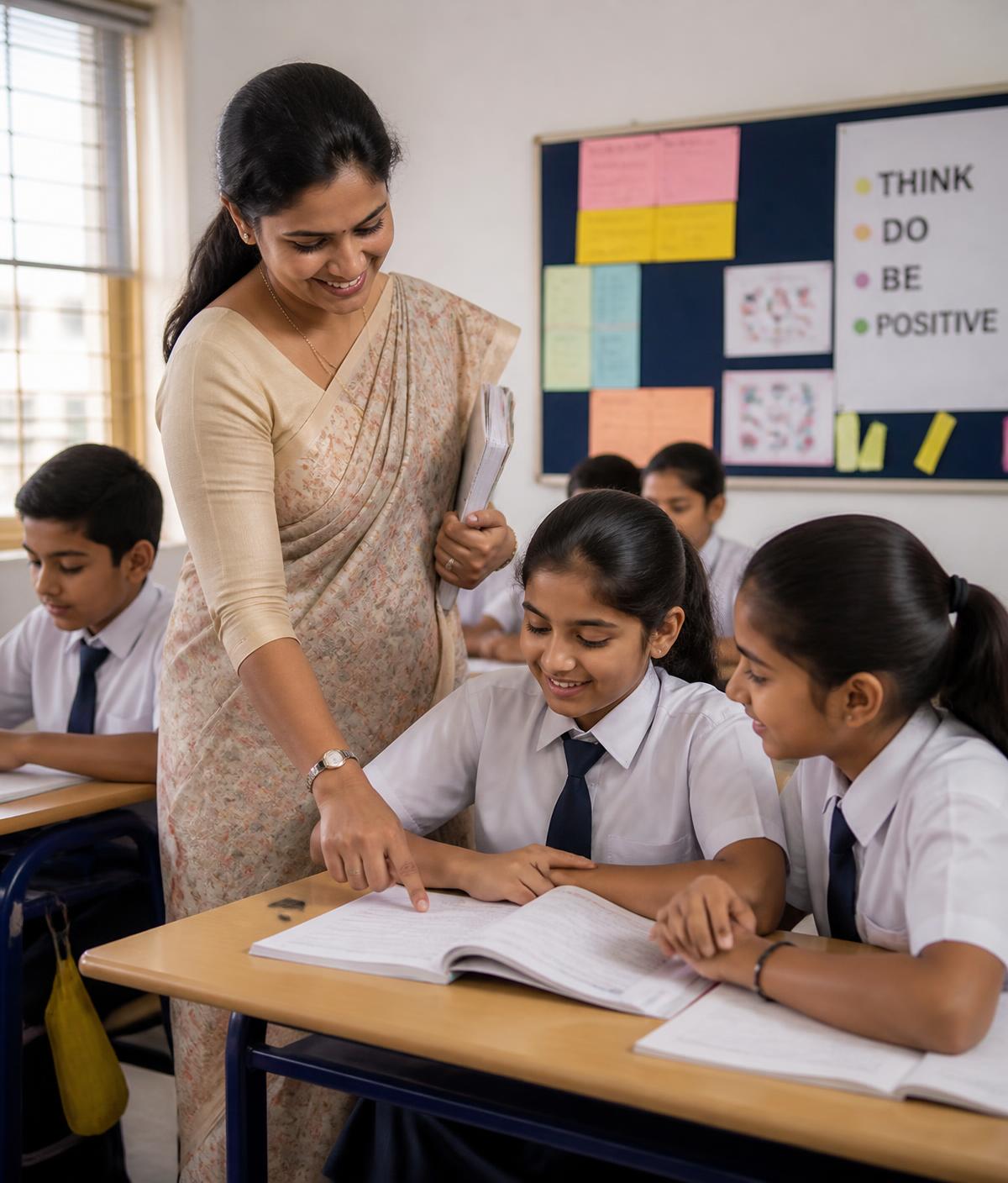 A teacher guiding students through a lesson in class