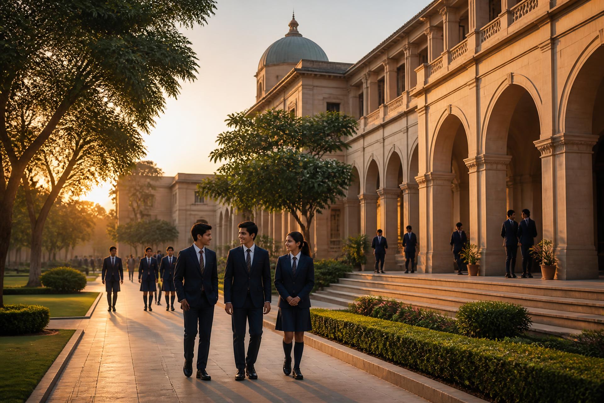 Students walking through the school campus at golden hour